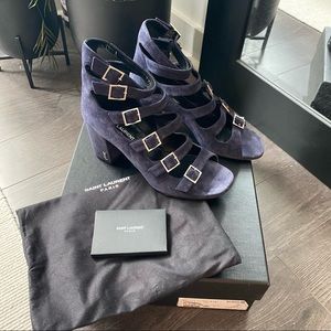 Saint Laurent Navy Suede Babies Buckle Sandals 37.5